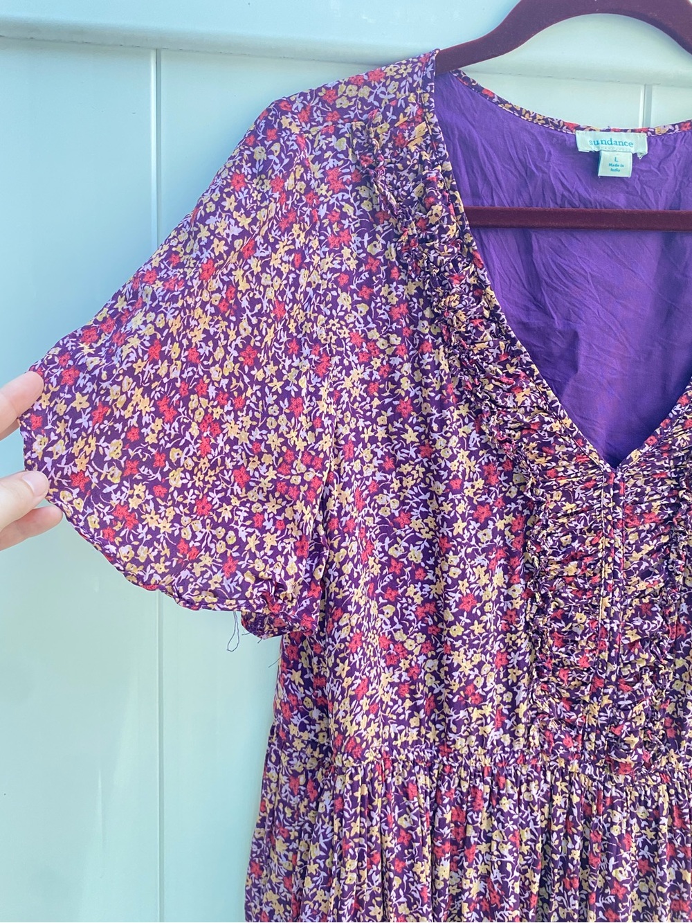 Sundance floral mulberry purple crepe viscose tiered midi dress size large - Picture 4 of 7